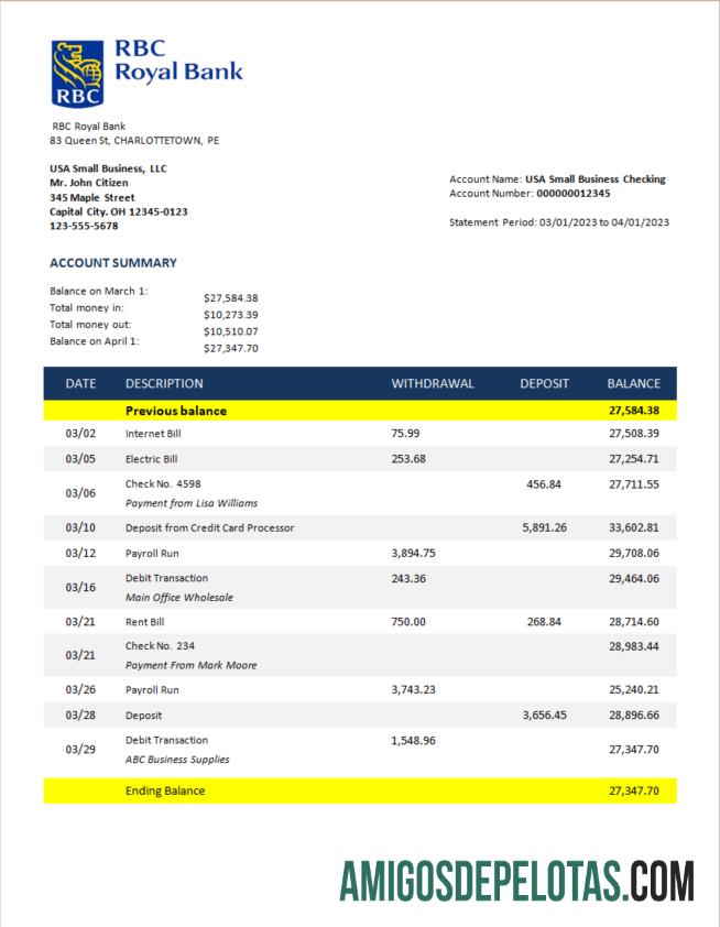 Realista RBC Royal Bank Enterprise Extrato de conta corrente modelo Word e PDF